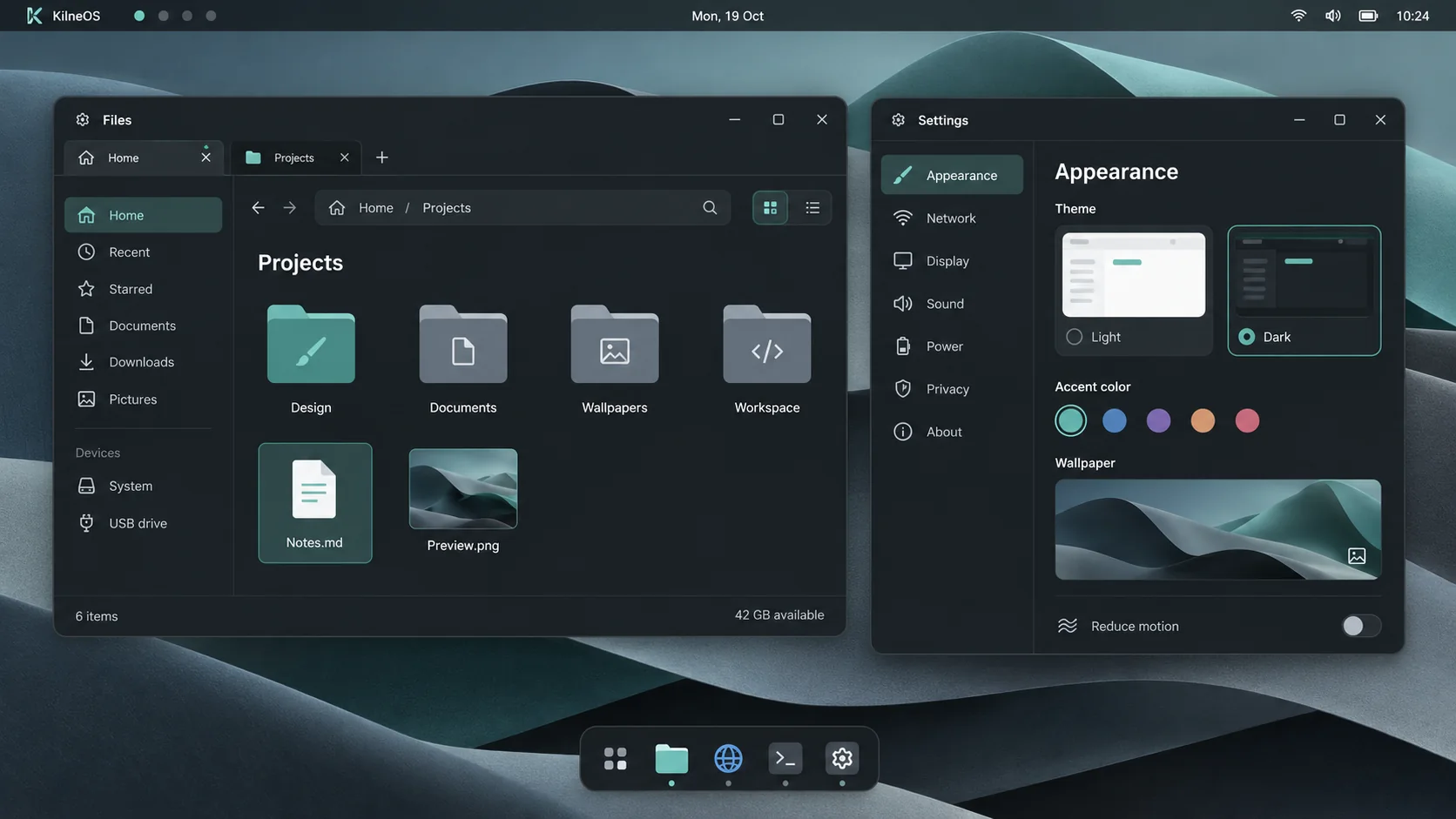The KilneOS desktop in the dark theme. The Files and Settings apps are open, with a dock at the bottom of the screen.