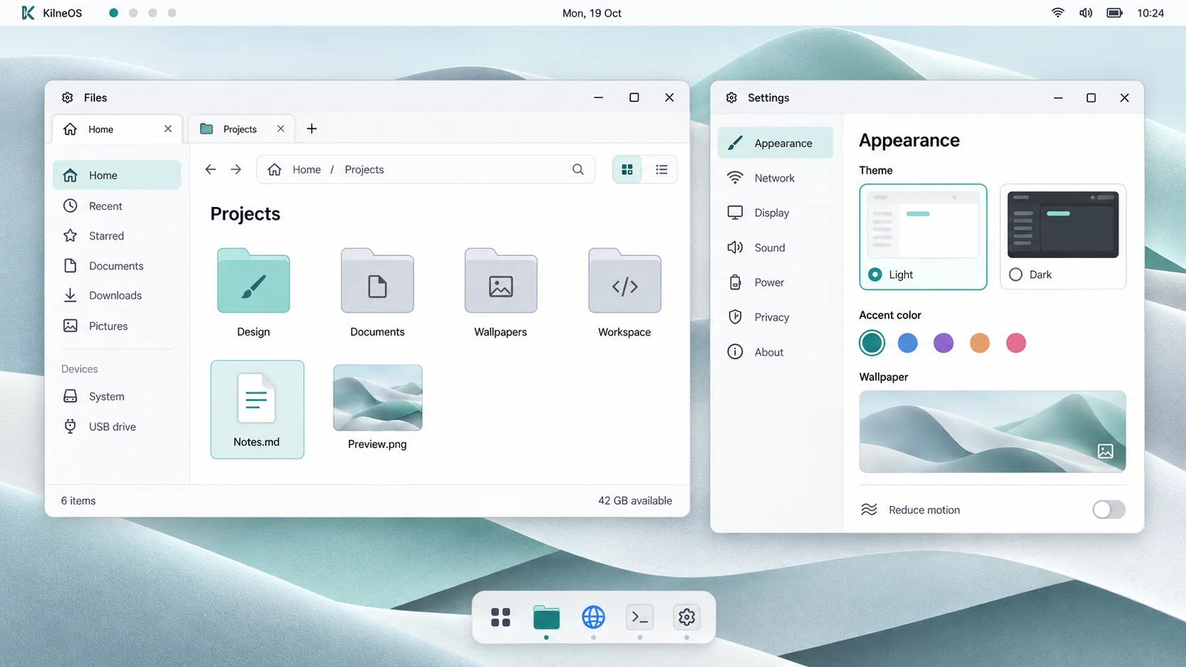 The KilneOS desktop in the light theme, with the Files and Settings apps open and the dock at the bottom.