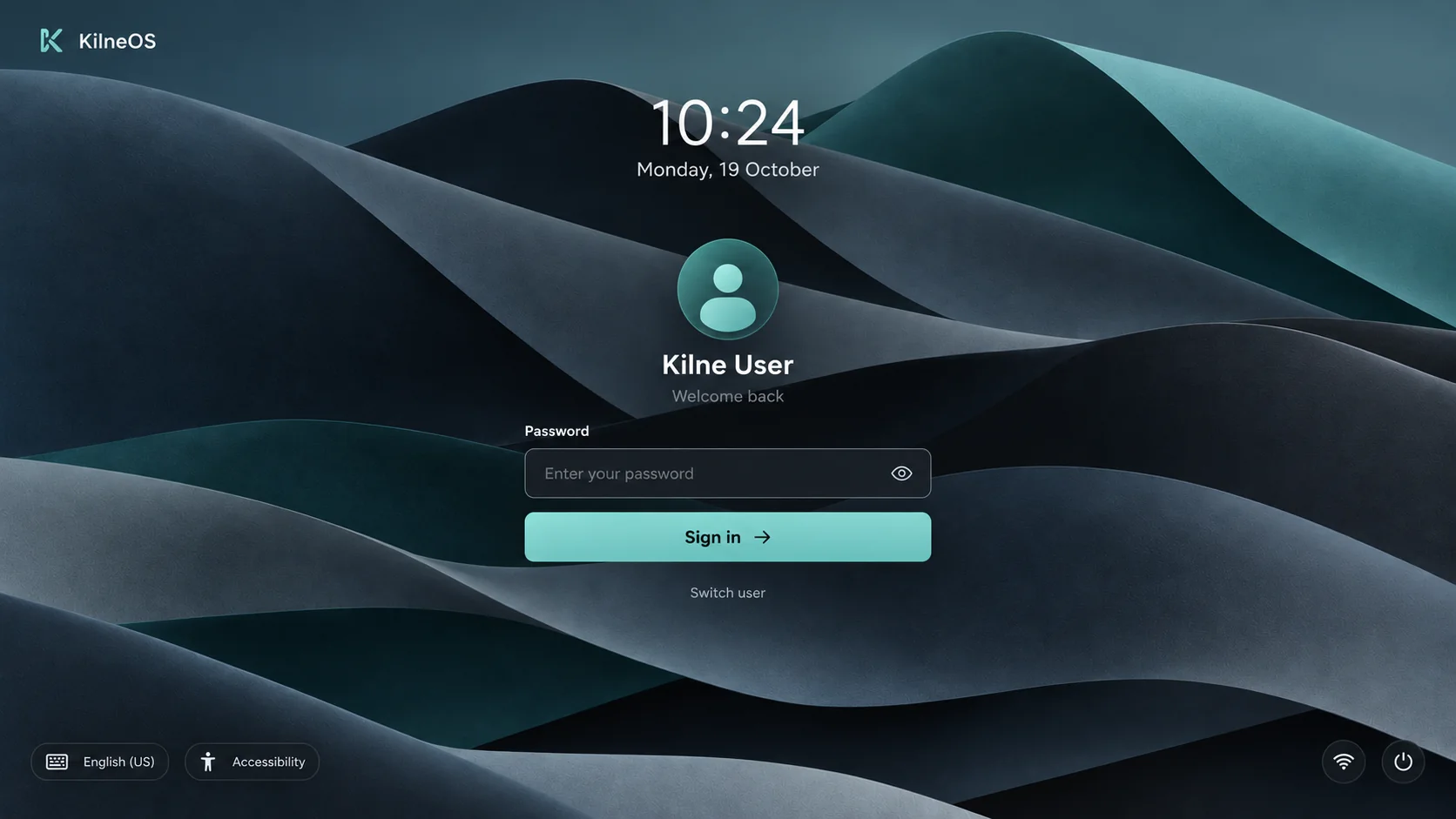 The KilneOS login screen over a dunes wallpaper, showing the time, the user name Kilne User and a password field with a Sign in button.